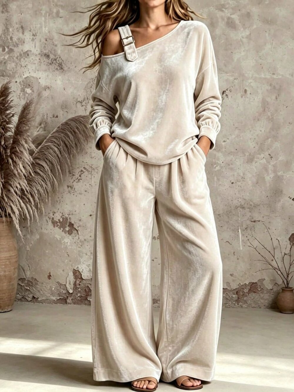 Khaki Modest One Shoulder Women's Regular Pocket Long Pants